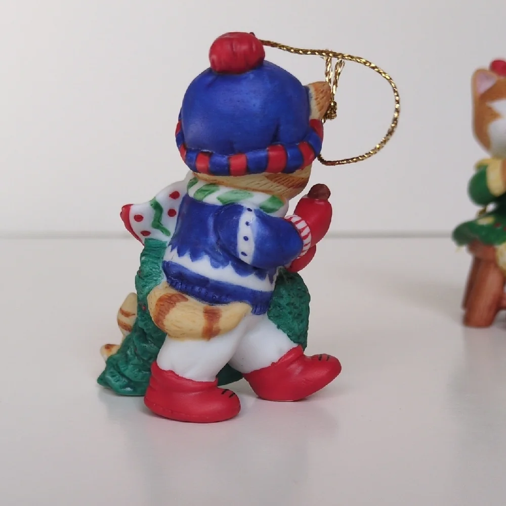 Vintage 90s Bronson Cat Christmas Ornaments - Tree Cutting‎ Eating Pie Santa Toy